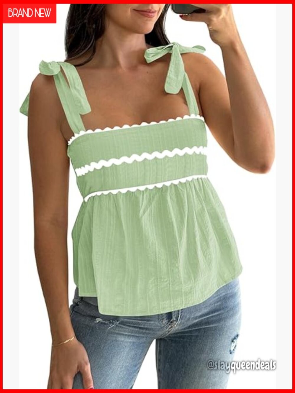 Square Neck Tie Strap Tank Top - Pleated Front, Backless, Loose Fit